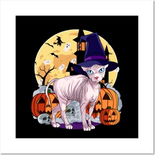 Sphynx Cat Funny Halloween Witch Pumpkin Posters and Art